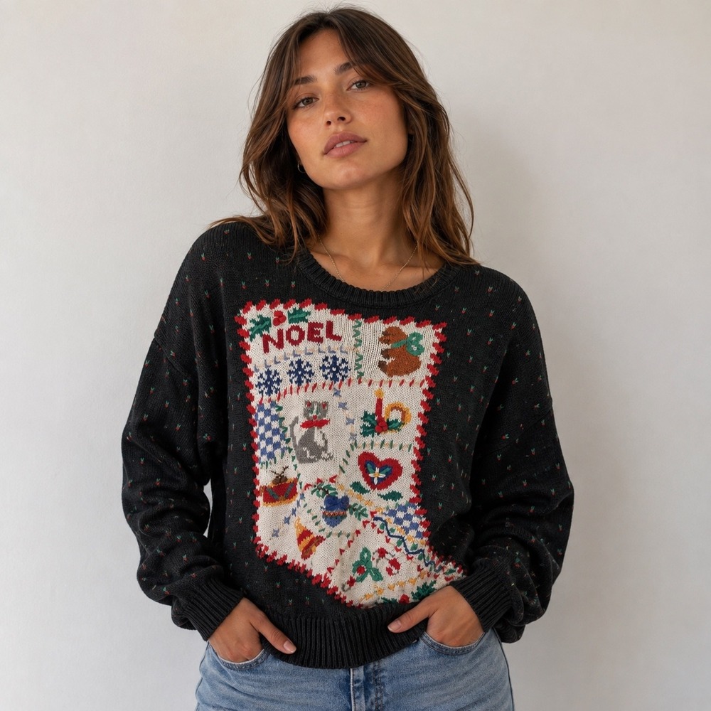 Northern Isles Vintage Sweater Christmas Stocking Black Embroidered Womens PM